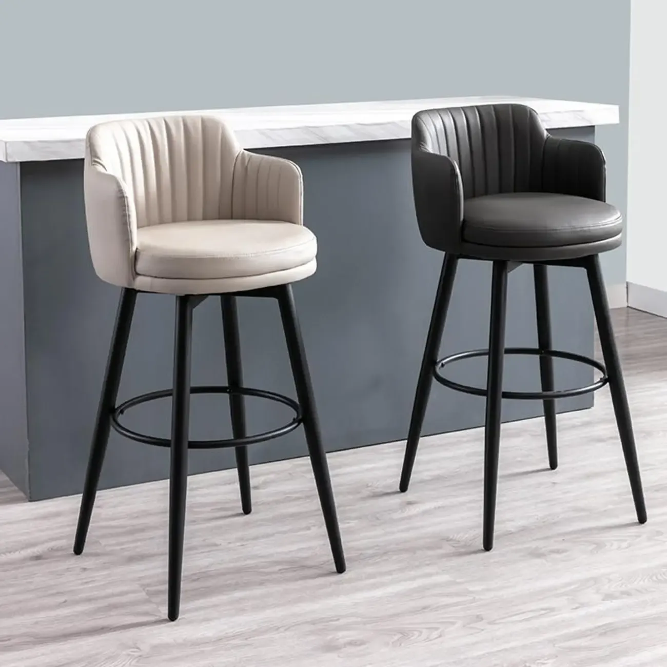 Modern Round Upholstered Curved Back Bistro Swivel Bar Stool Image - 1