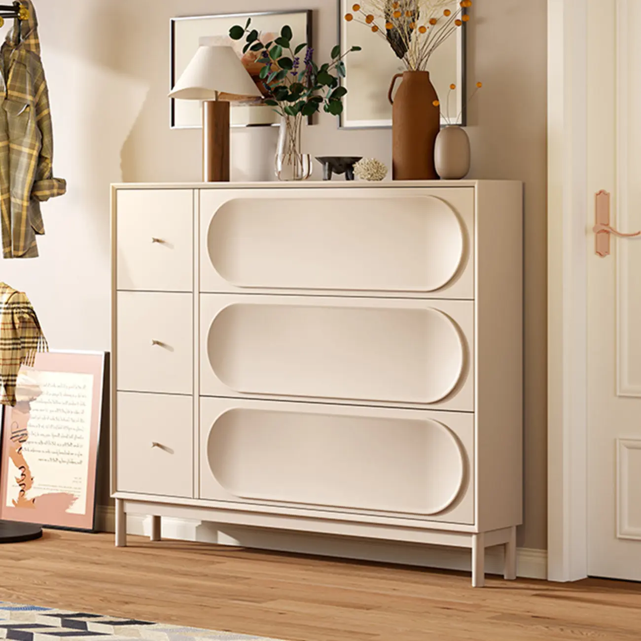 Cream Wooden Drop Front Shoe Cabinet with 3 Drawers Image - 2 | homeyfad