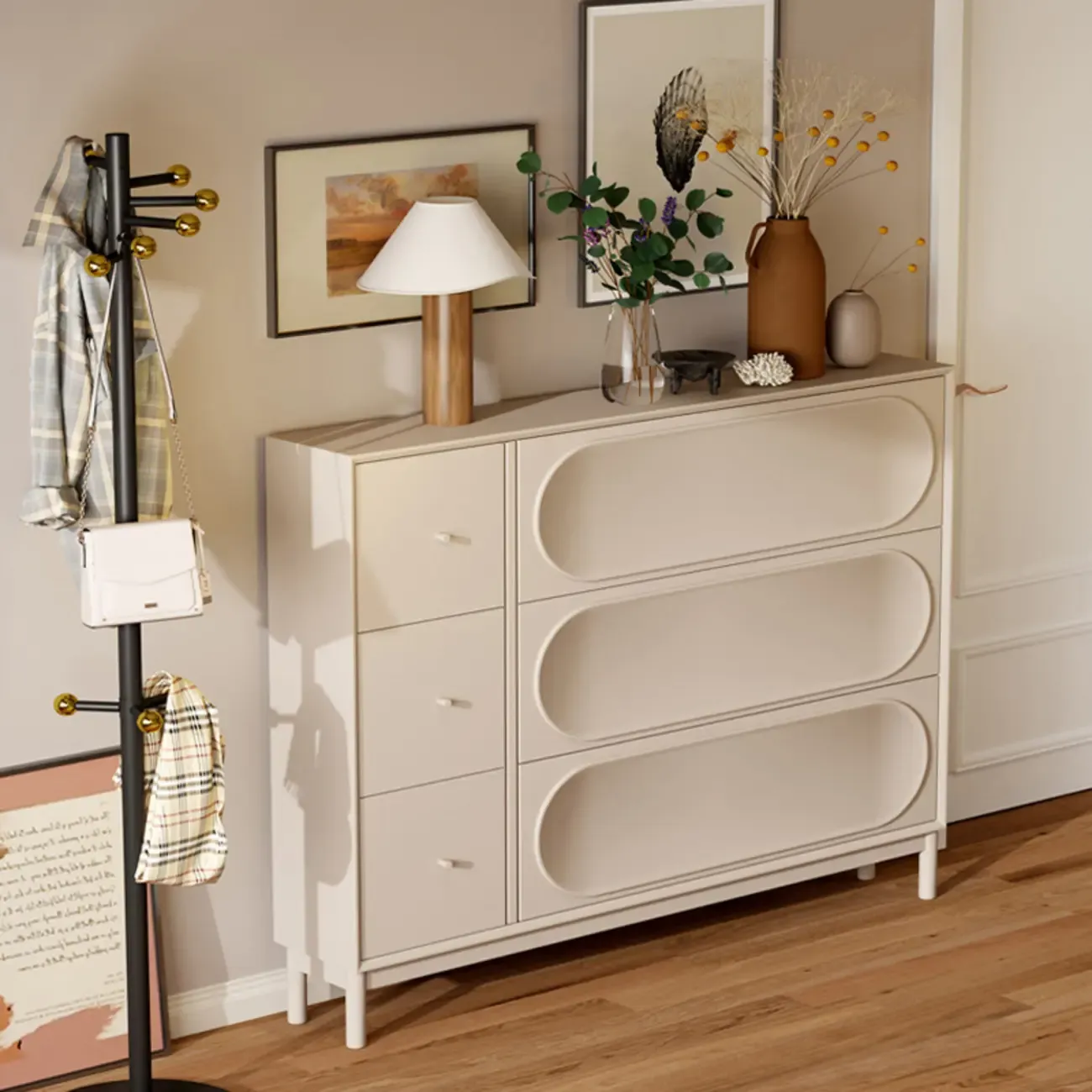 Cream Wooden Drop Front Shoe Cabinet with 3 Drawers Image - 3