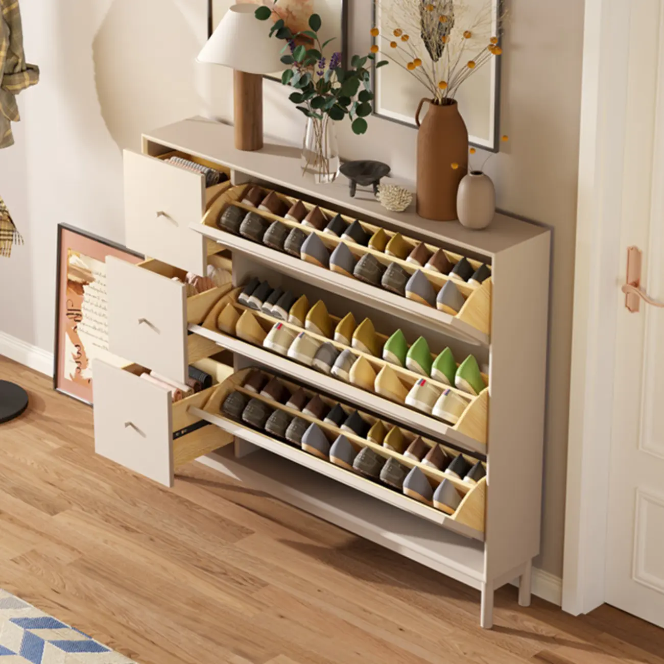 Cream Wooden Drop Front Shoe Cabinet with 3 Drawers Image - 4 | homeyfad