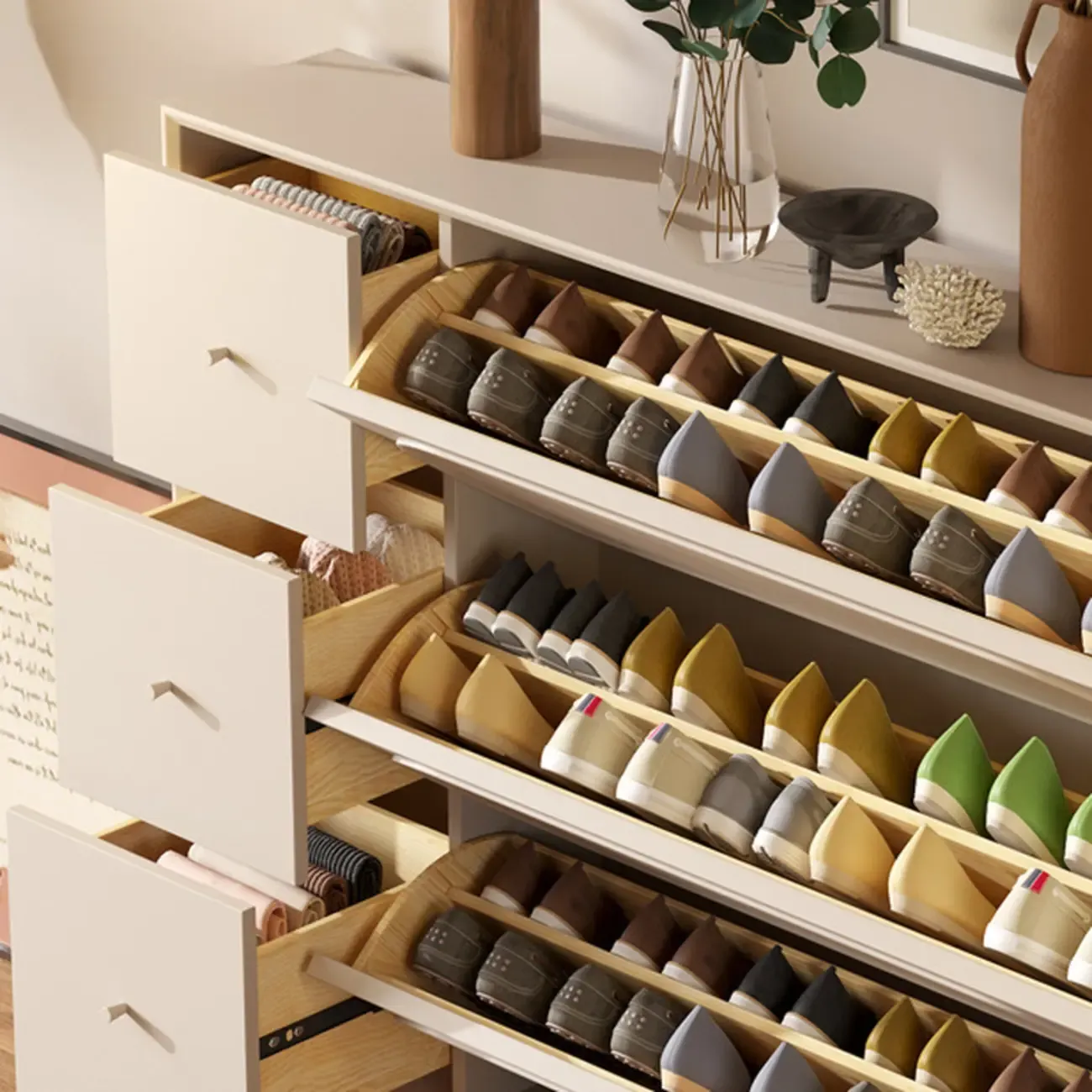 Cream Wooden Drop Front Shoe Cabinet with 3 Drawers Image - 6