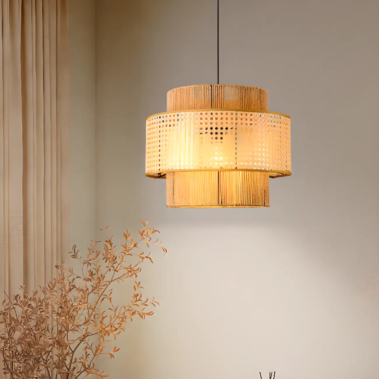 Contemporary Rattan Yellow Cylinder Hanging Pendant Lighting Image - 1 | homeyfad