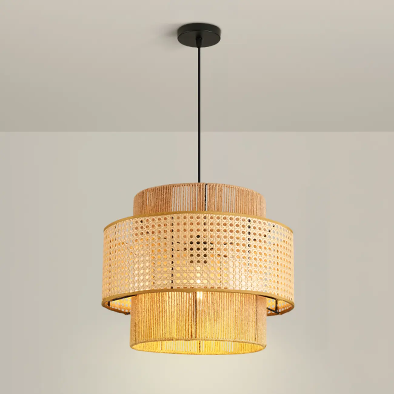Contemporary Rattan Yellow Cylinder Hanging Pendant Lighting Image - 2 | homeyfad