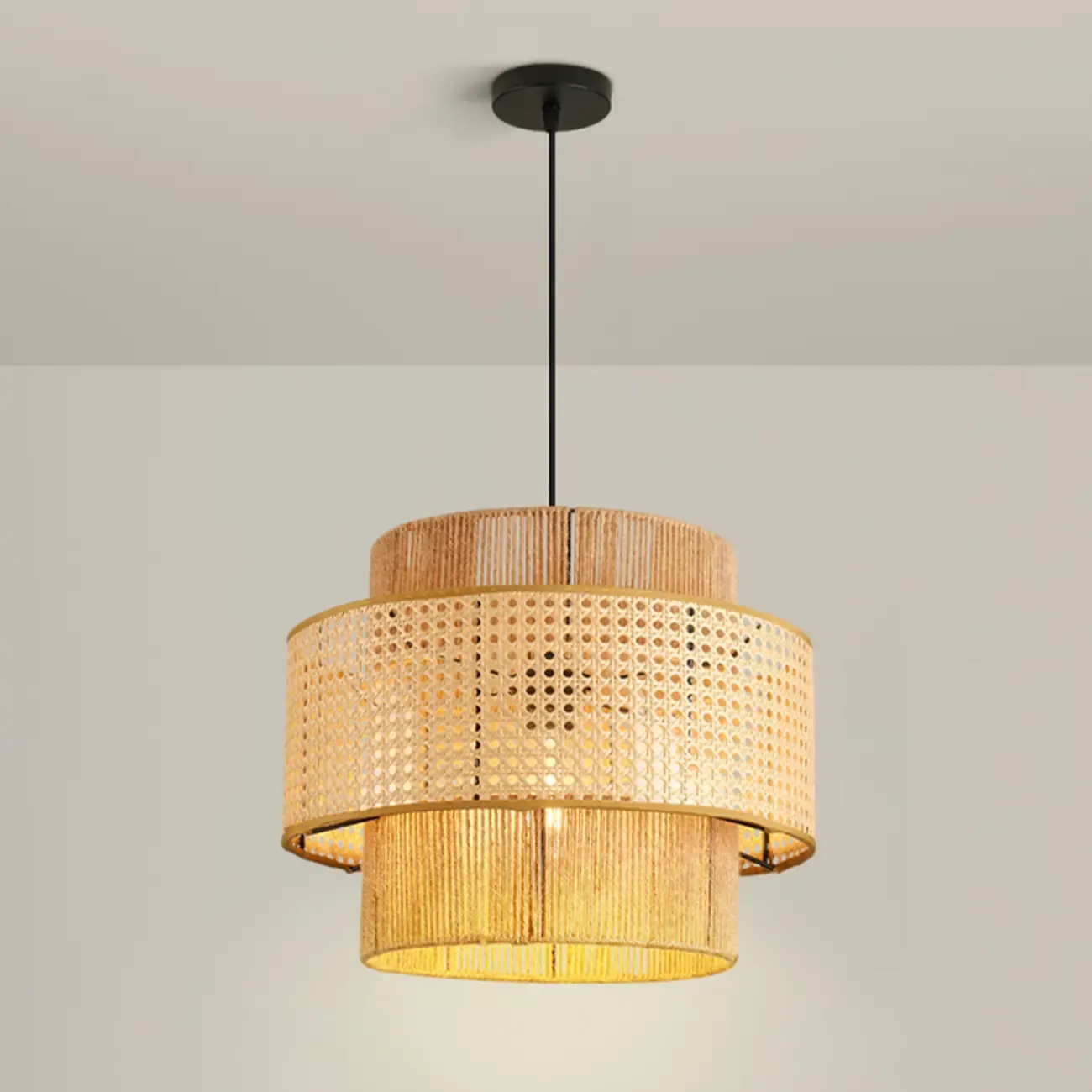Contemporary Rattan Yellow Cylinder Hanging Pendant Lighting Image - 2