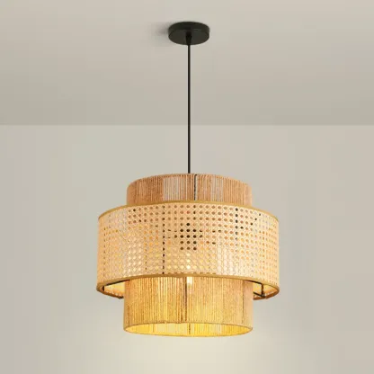 Contemporary Rattan Yellow Cylinder Hanging Pendant Lighting Image - 2