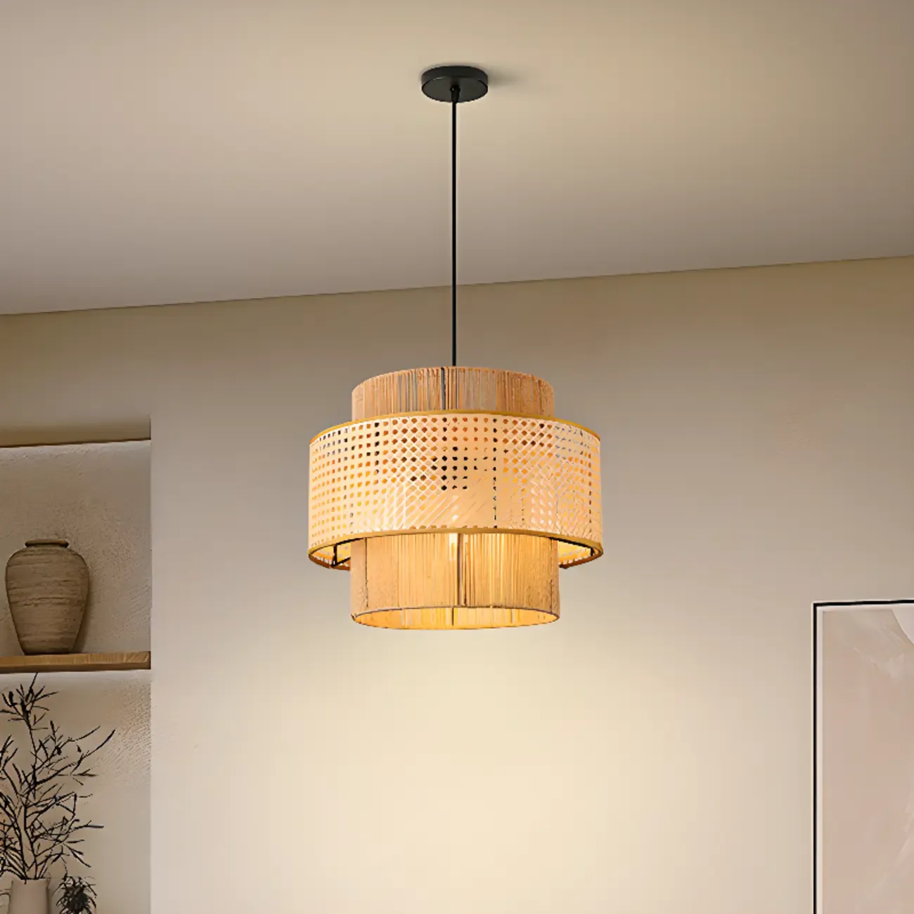 Contemporary Rattan Yellow Cylinder Hanging Pendant Lighting Image - 3