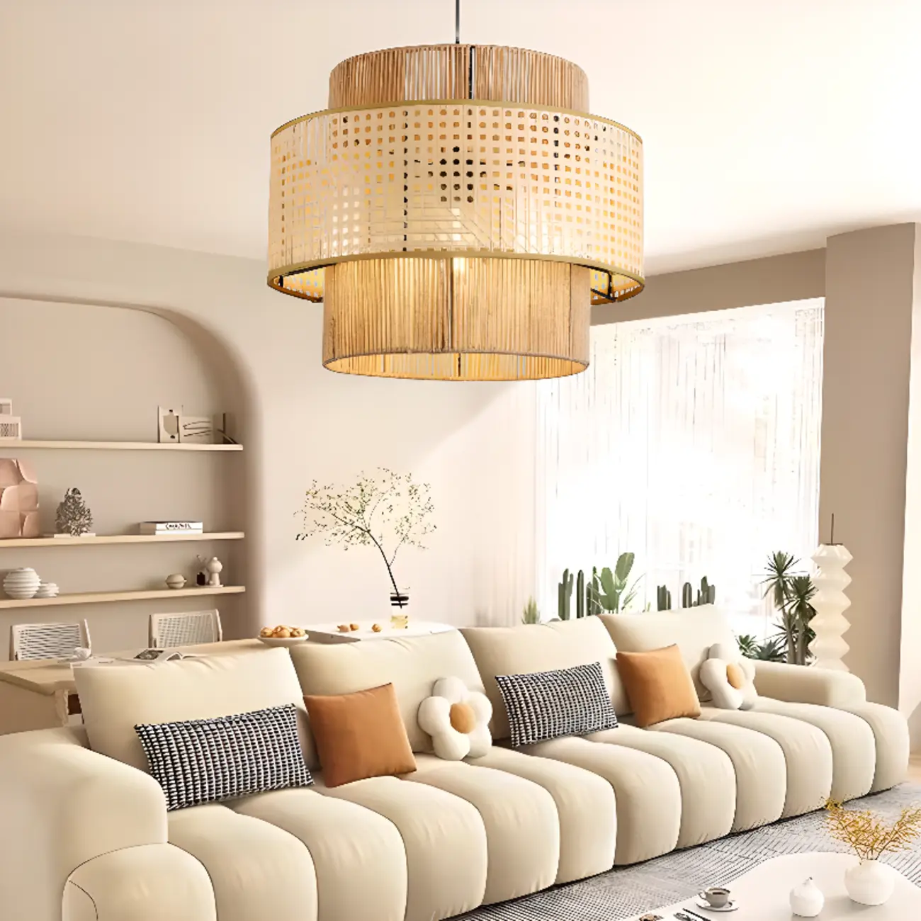 Contemporary Rattan Yellow Cylinder Hanging Pendant Lighting Image - 4 | homeyfad