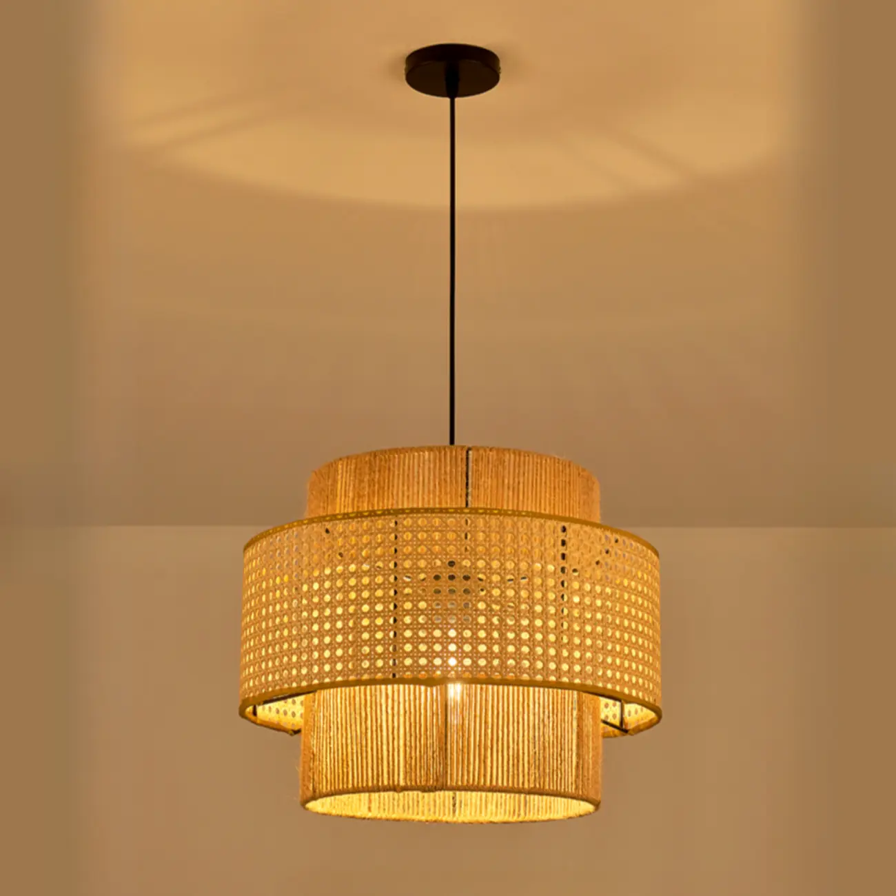 Contemporary Rattan Yellow Cylinder Hanging Pendant Lighting Image - 5 | homeyfad