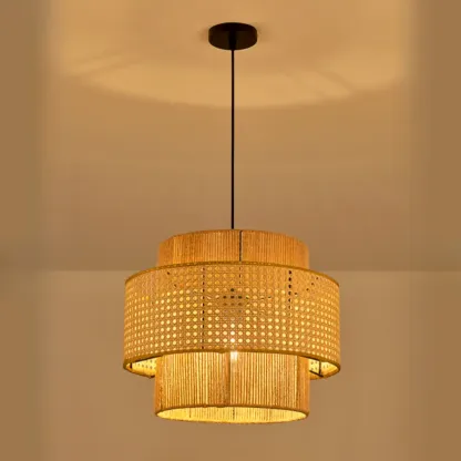 Contemporary Rattan Yellow Cylinder Hanging Pendant Lighting Image - 5