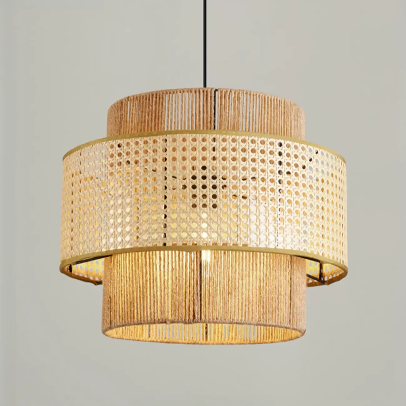 Contemporary Rattan Yellow Cylinder Hanging Pendant Lighting Image - 6