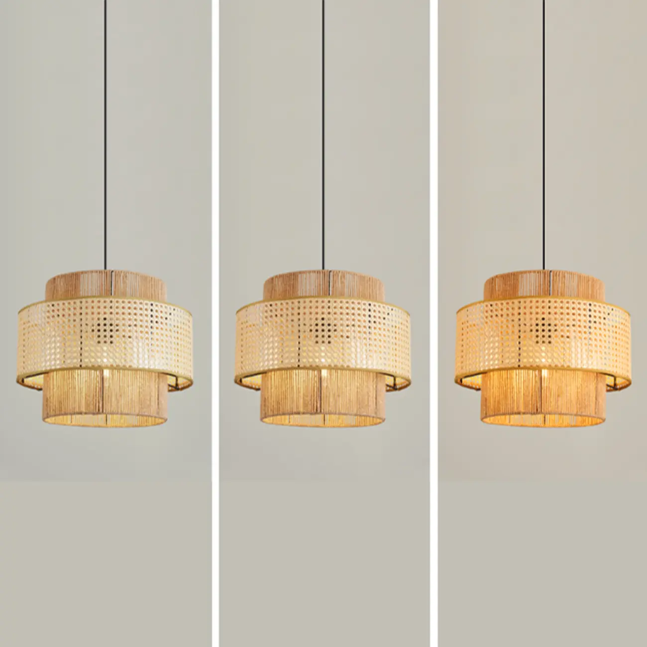 Contemporary Rattan Yellow Cylinder Hanging Pendant Lighting Image - 7 | homeyfad