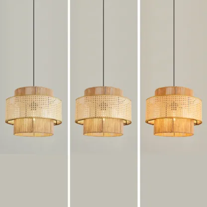 Contemporary Rattan Yellow Cylinder Hanging Pendant Lighting Image - 7