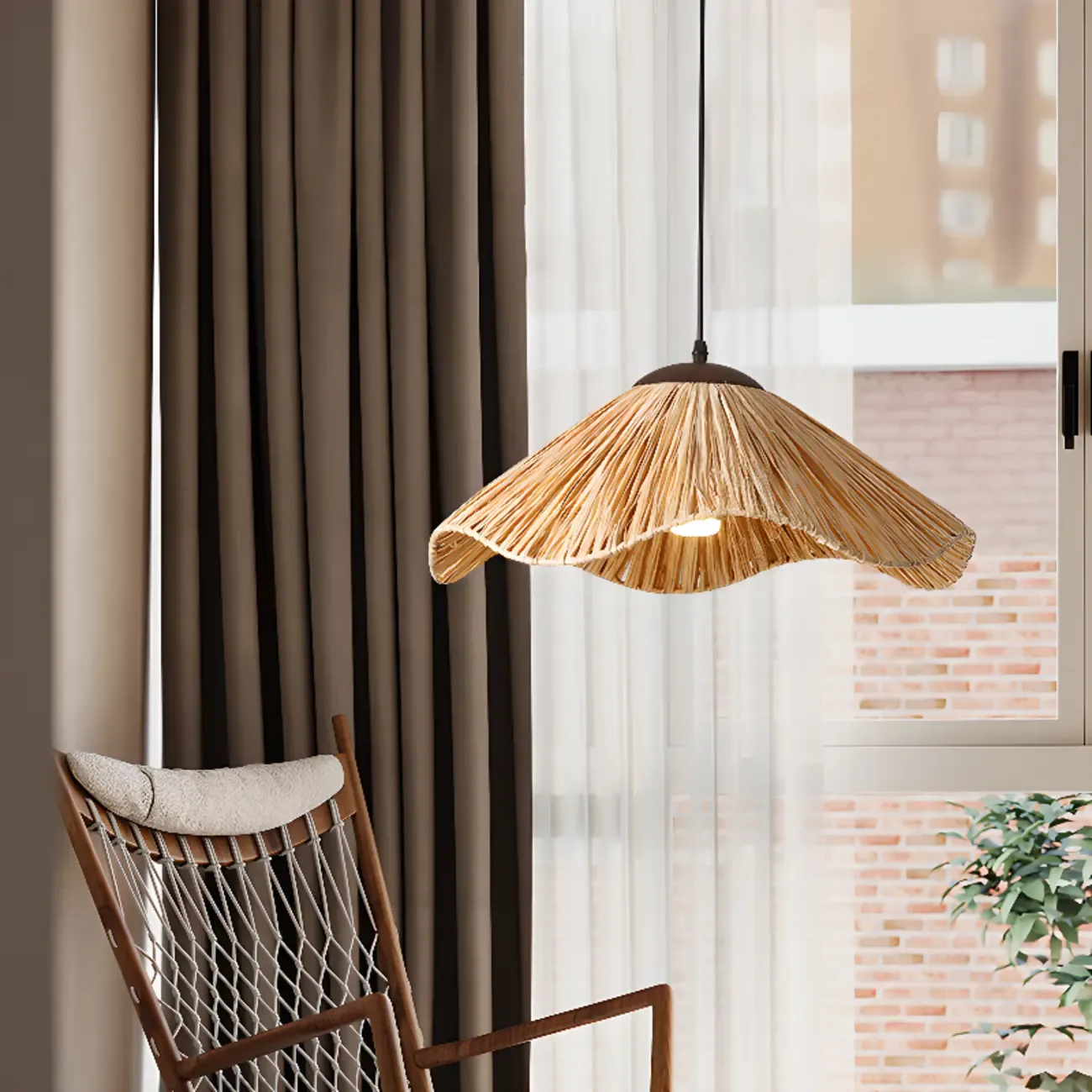 Oriental Brown Rattan Pendant Light for Kitchen Island Hanging Image - 4