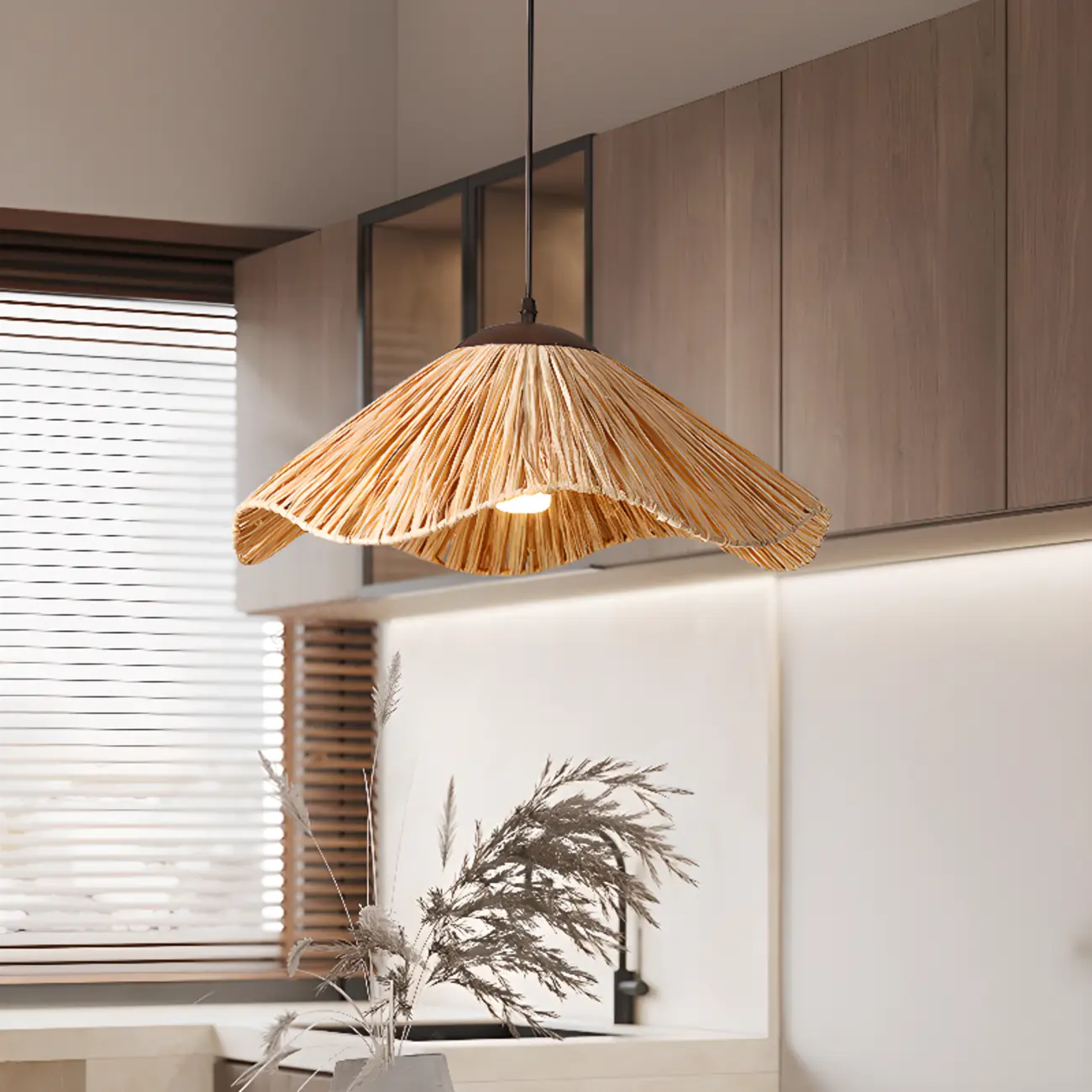 Oriental Brown Rattan Pendant Light for Kitchen Island Hanging Image - 5 | homeyfad