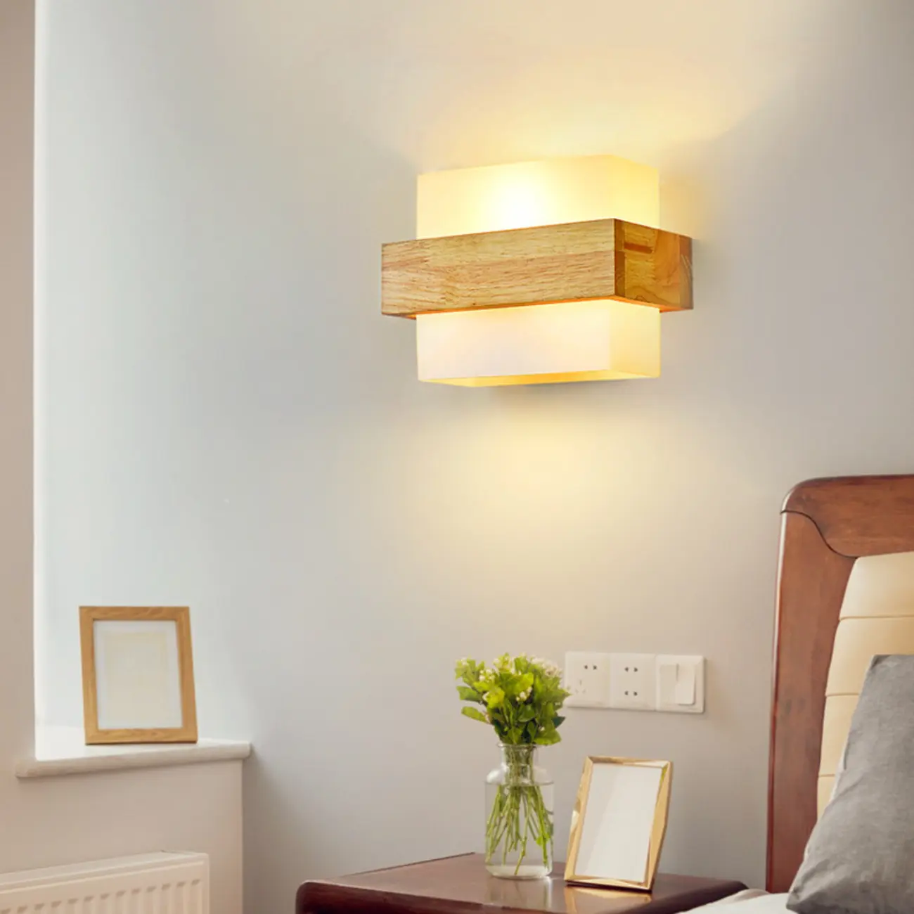 Modern Geometric Wood Wall Light with Milk Glass Shade Image - 4 | homeyfad