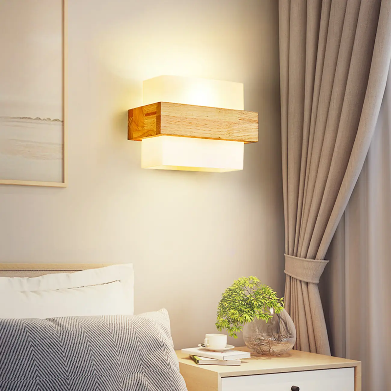 Modern Geometric Wood Wall Light with Milk Glass Shade Image - 1 | homeyfad