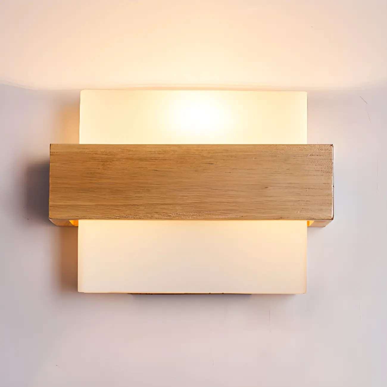 Modern Geometric Wood Wall Light with Milk Glass Shade Image - 2 | homeyfad