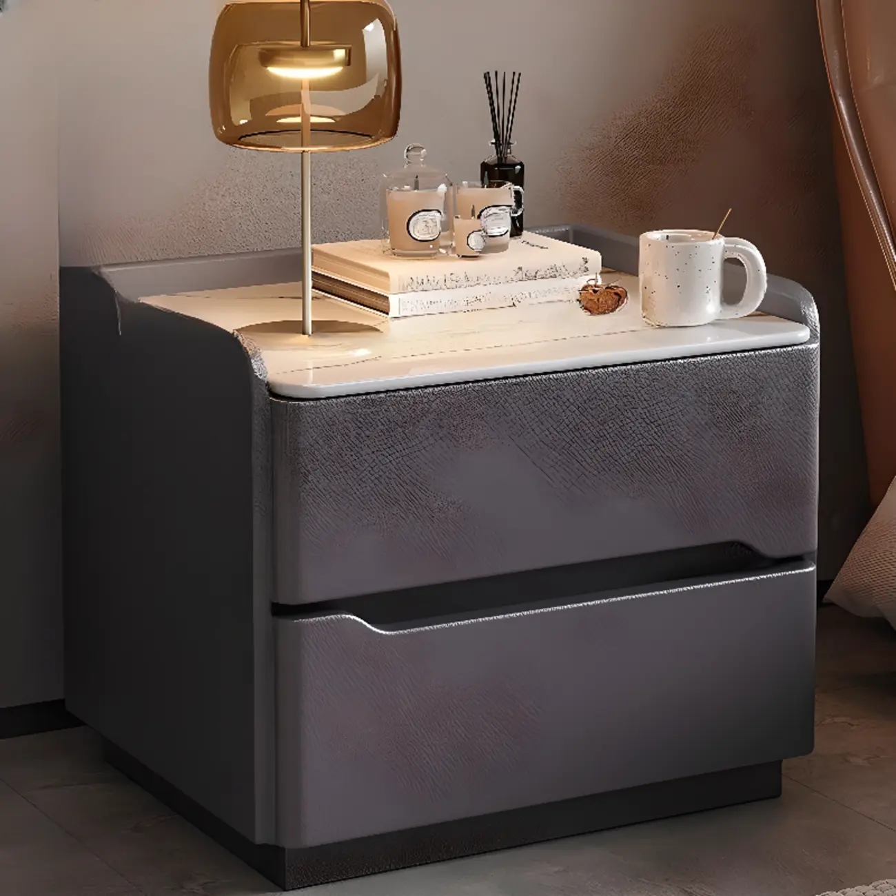 Nordic Sintered Stone Top Wood 2-Drawer Nightstand Image - 2 | homeyfad