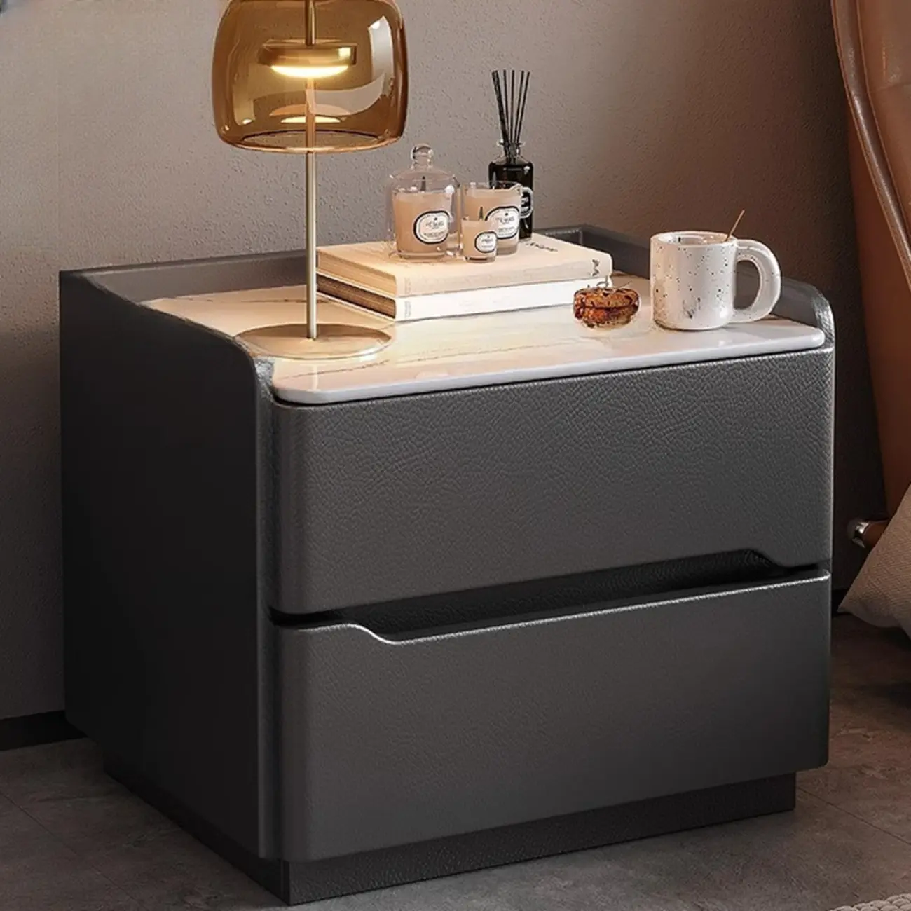 Nordic Sintered Stone Top Wood 2-Drawer Nightstand Image - 5 | homeyfad