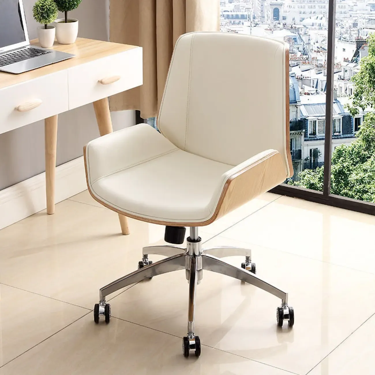 Modern Black Leather Upholstered Swivel Office Chair Image - 3