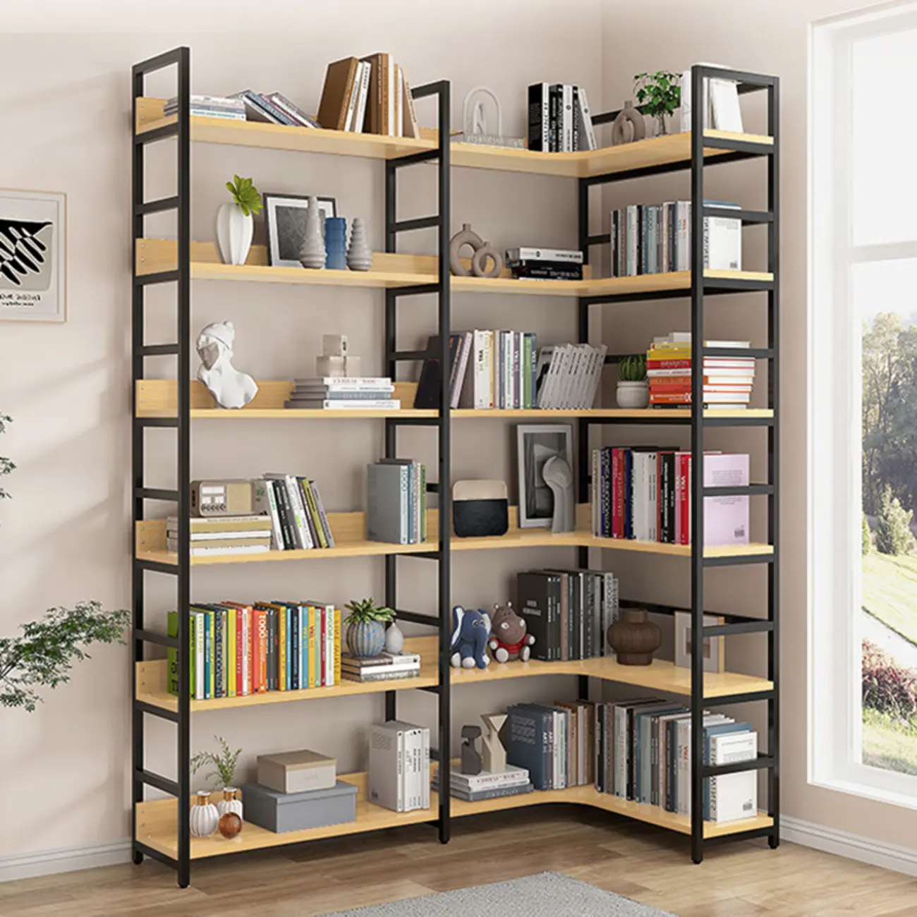 6-Tier Wood and Steel Corner Display Bookshelf Image - 1 | homeyfad