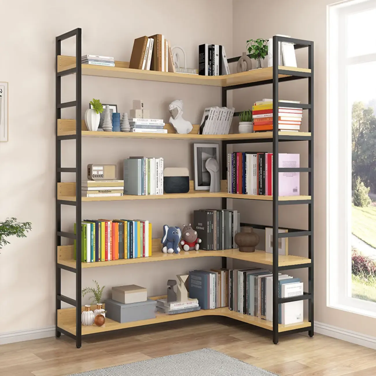 6-Tier Wood and Steel Corner Display Bookshelf Image - 2