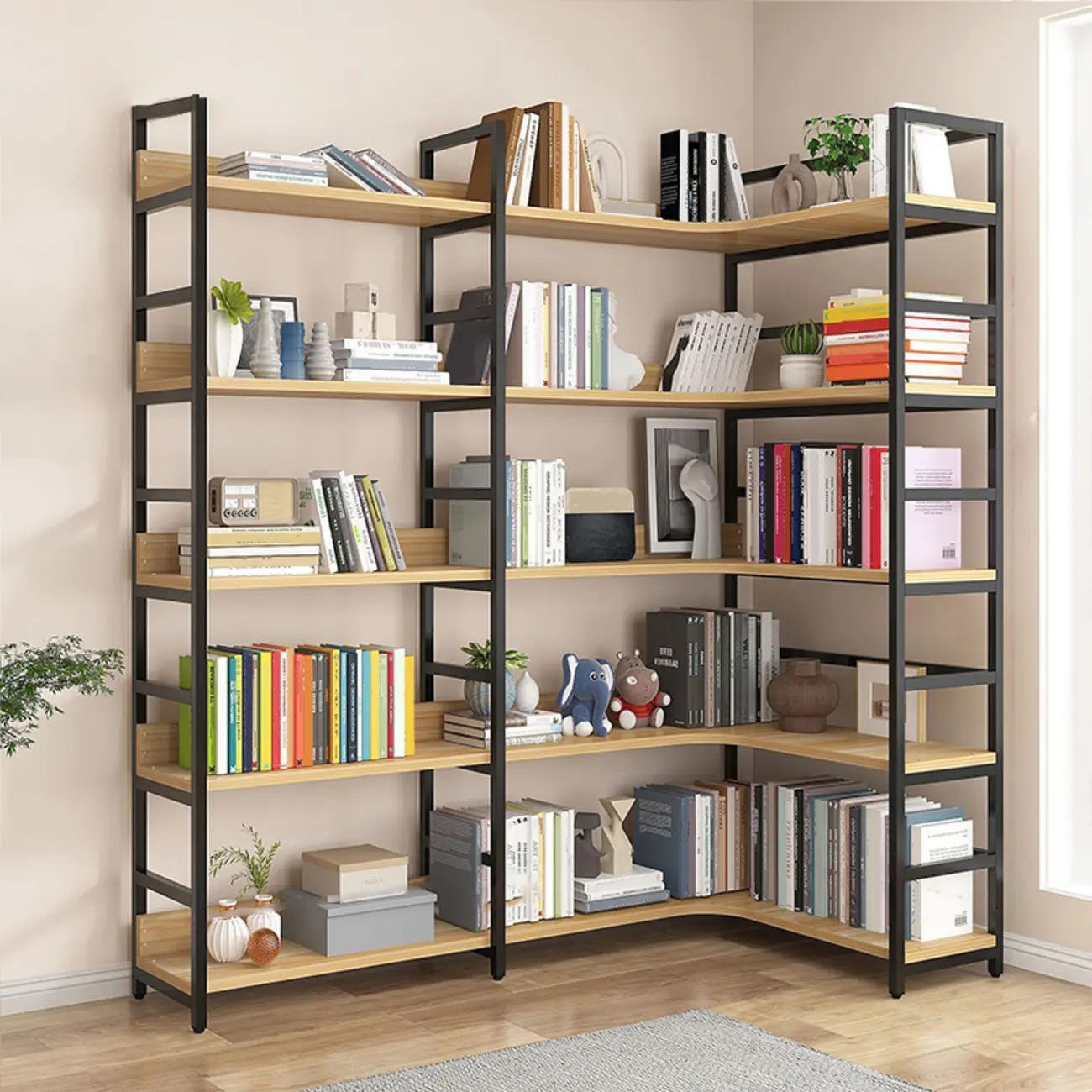 6-Tier Wood and Steel Corner Display Bookshelf Image - 13 | homeyfad