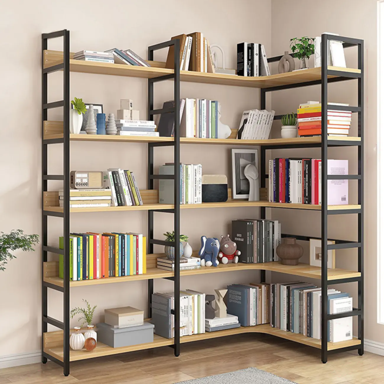 6-Tier Wood and Steel Corner Display Bookshelf Image - 16 | homeyfad