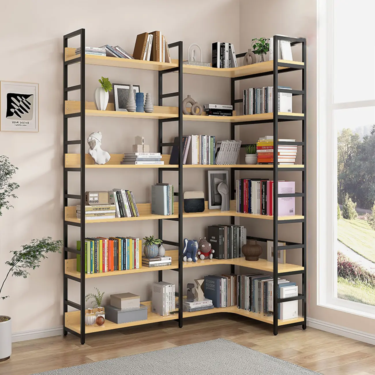 6-Tier Wood and Steel Corner Display Bookshelf Image - 17 | homeyfad