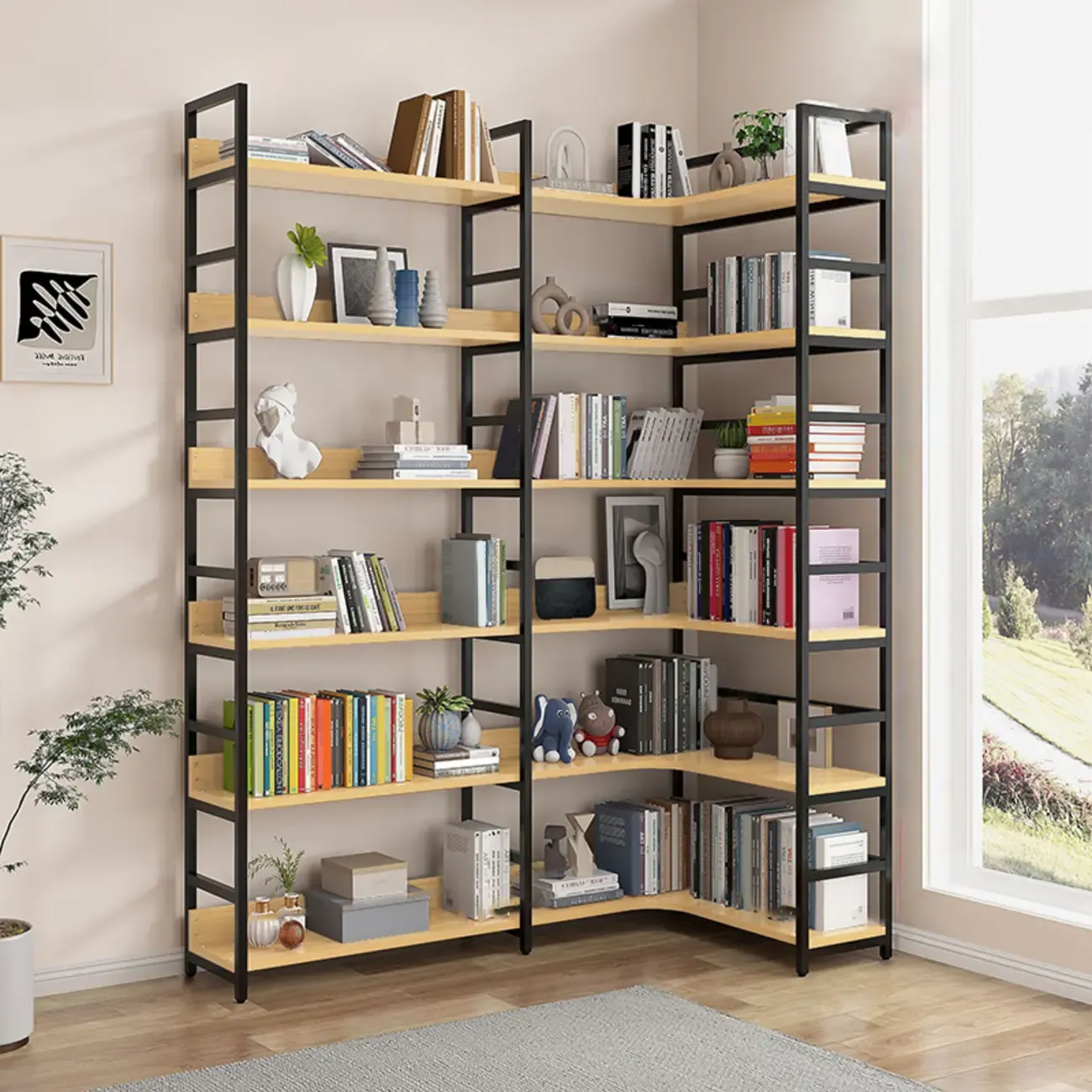 6-Tier Wood and Steel Corner Display Bookshelf Image - 17