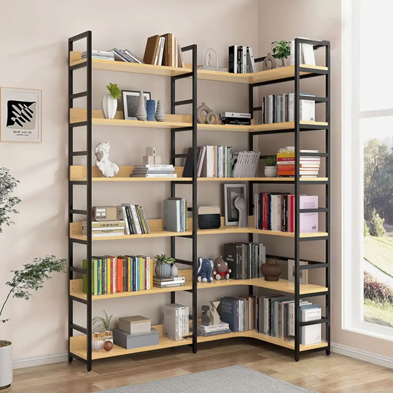 6-Tier Wood and Steel Corner Display Bookshelf Image - 18