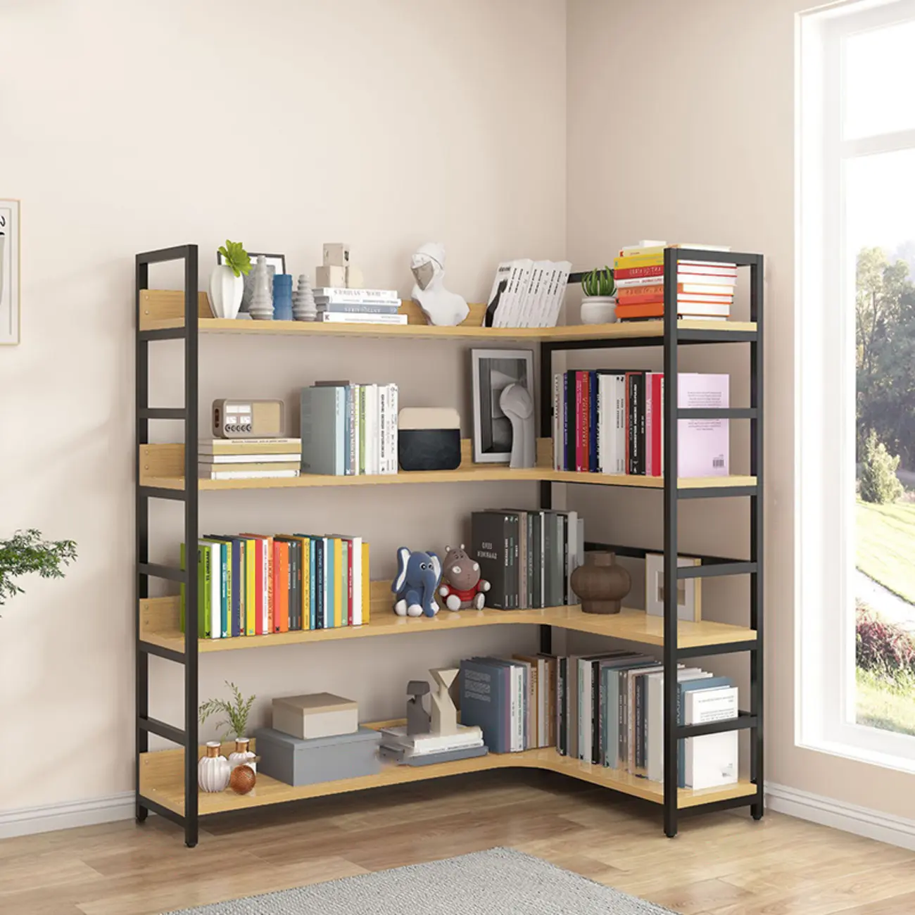 6-Tier Wood and Steel Corner Display Bookshelf Image - 20 | homeyfad