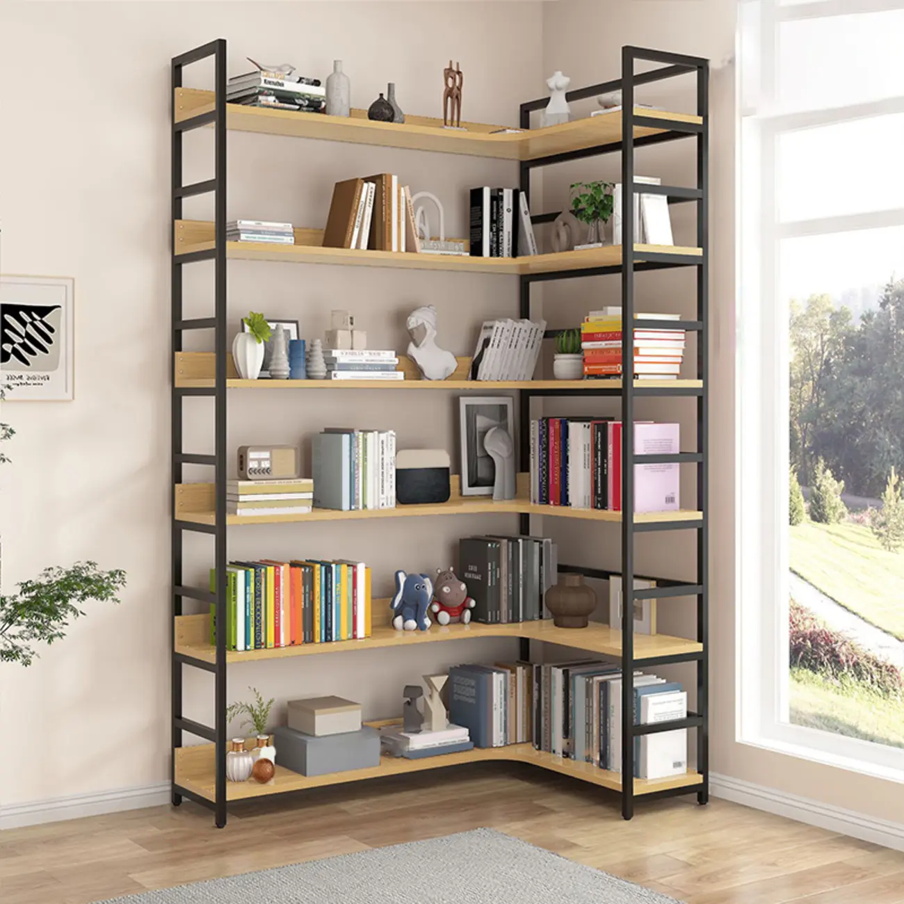 6-Tier Wood and Steel Corner Display Bookshelf Image - 21 | homeyfad