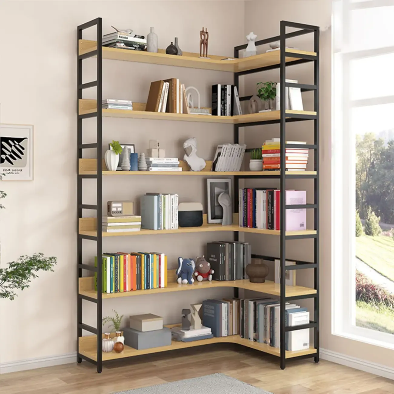 6-Tier Wood and Steel Corner Display Bookshelf Image - 22