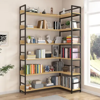 6-Tier Wood and Steel Corner Display Bookshelf Image - 22