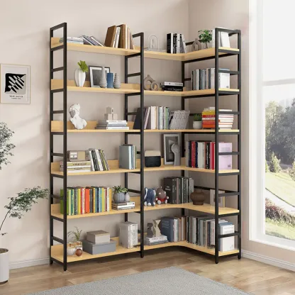 6-Tier Wood and Steel Corner Display Bookshelf Image - 23