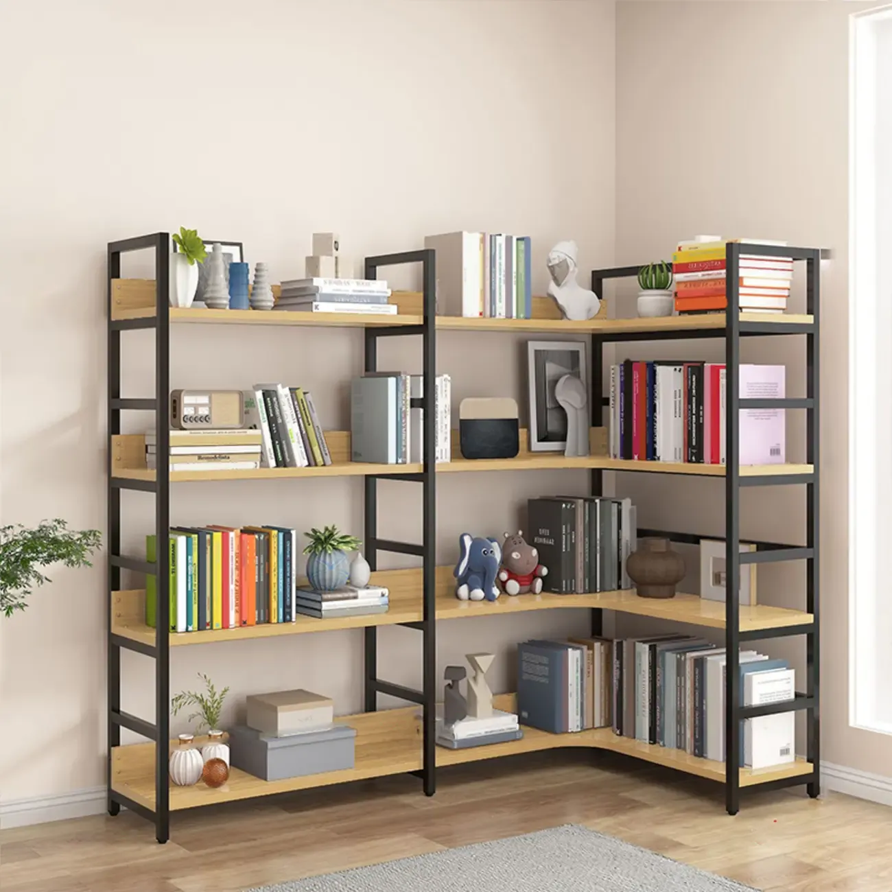 6-Tier Wood and Steel Corner Display Bookshelf Image - 26