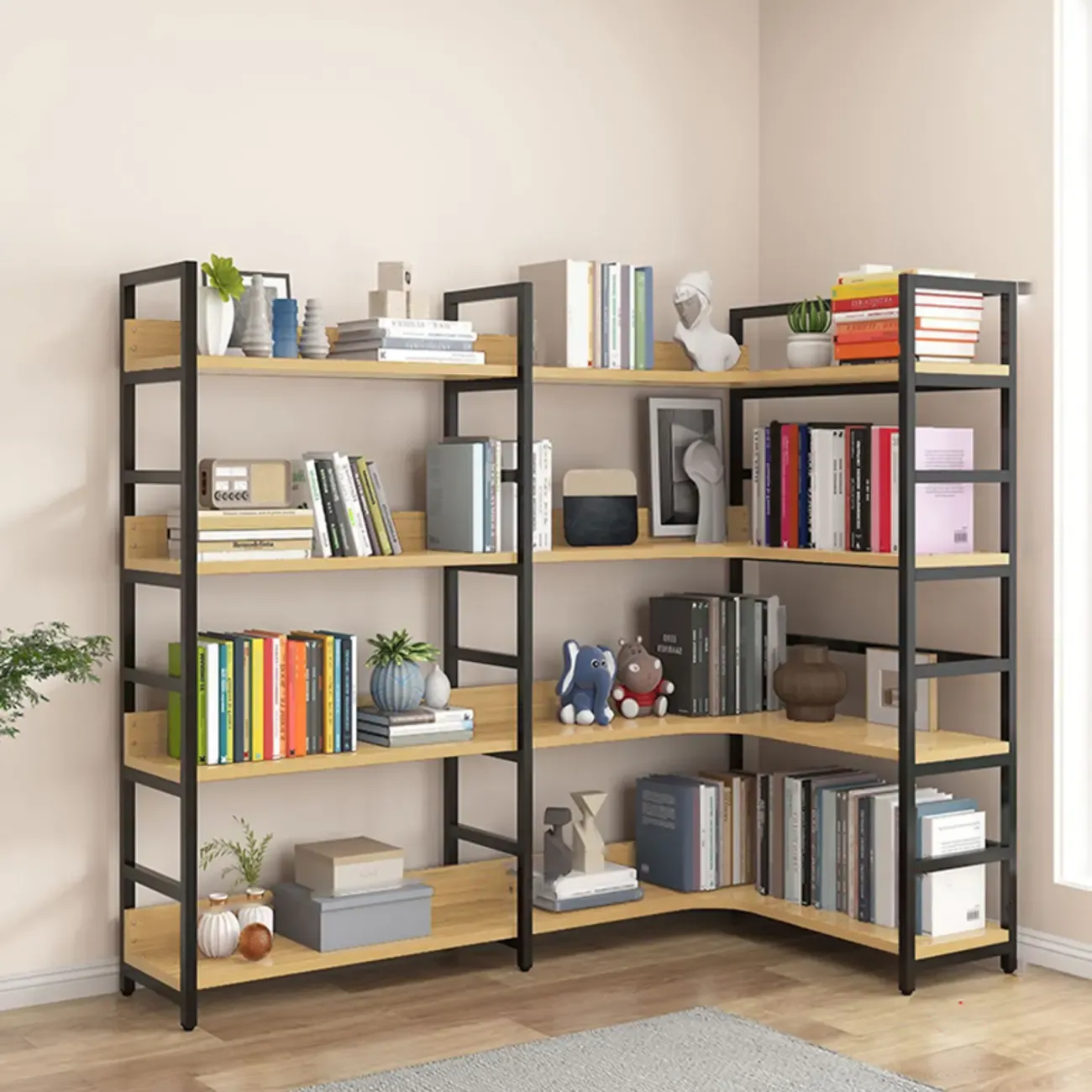 6-Tier Wood and Steel Corner Display Bookshelf Image - 27