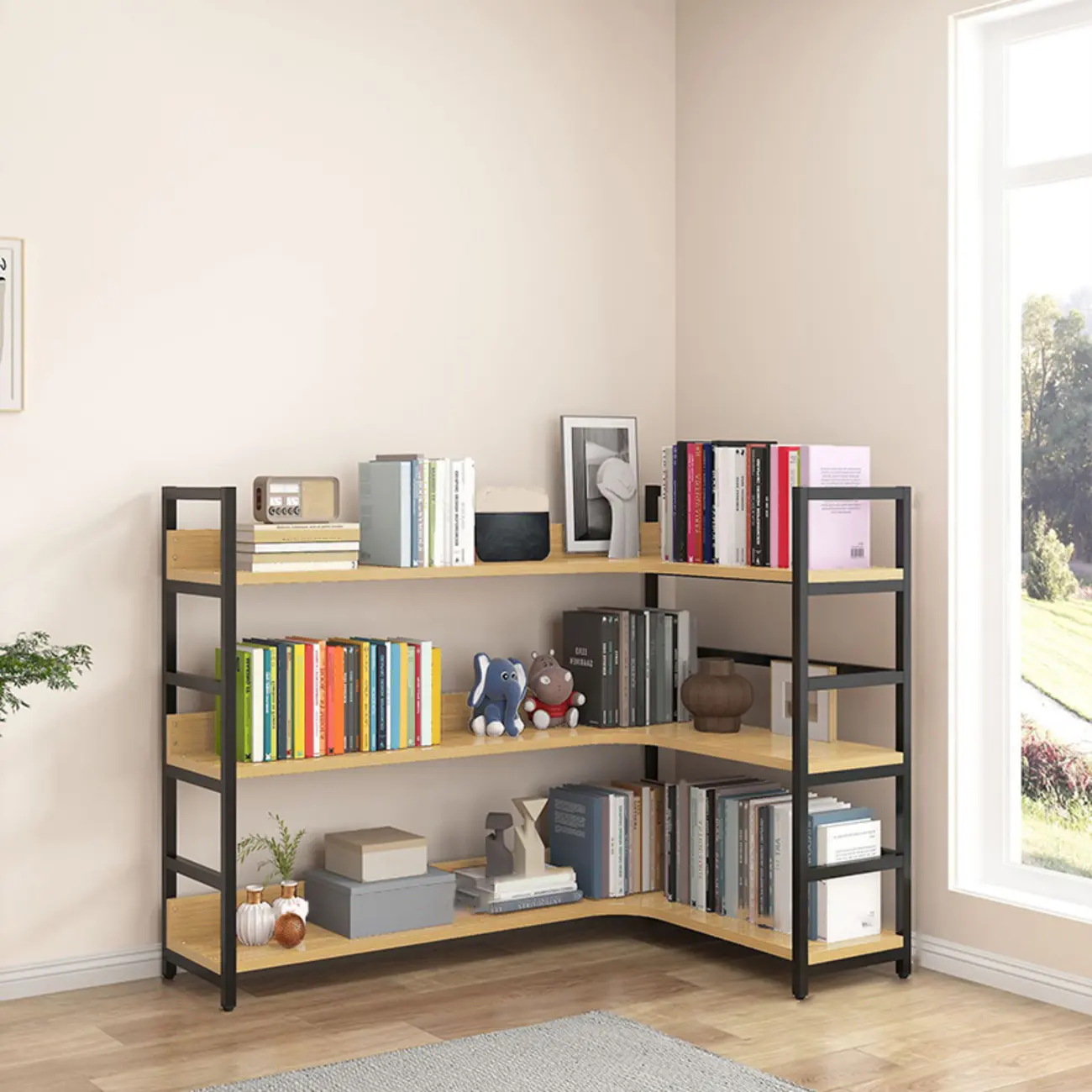 6-Tier Wood and Steel Corner Display Bookshelf Image - 28 | homeyfad