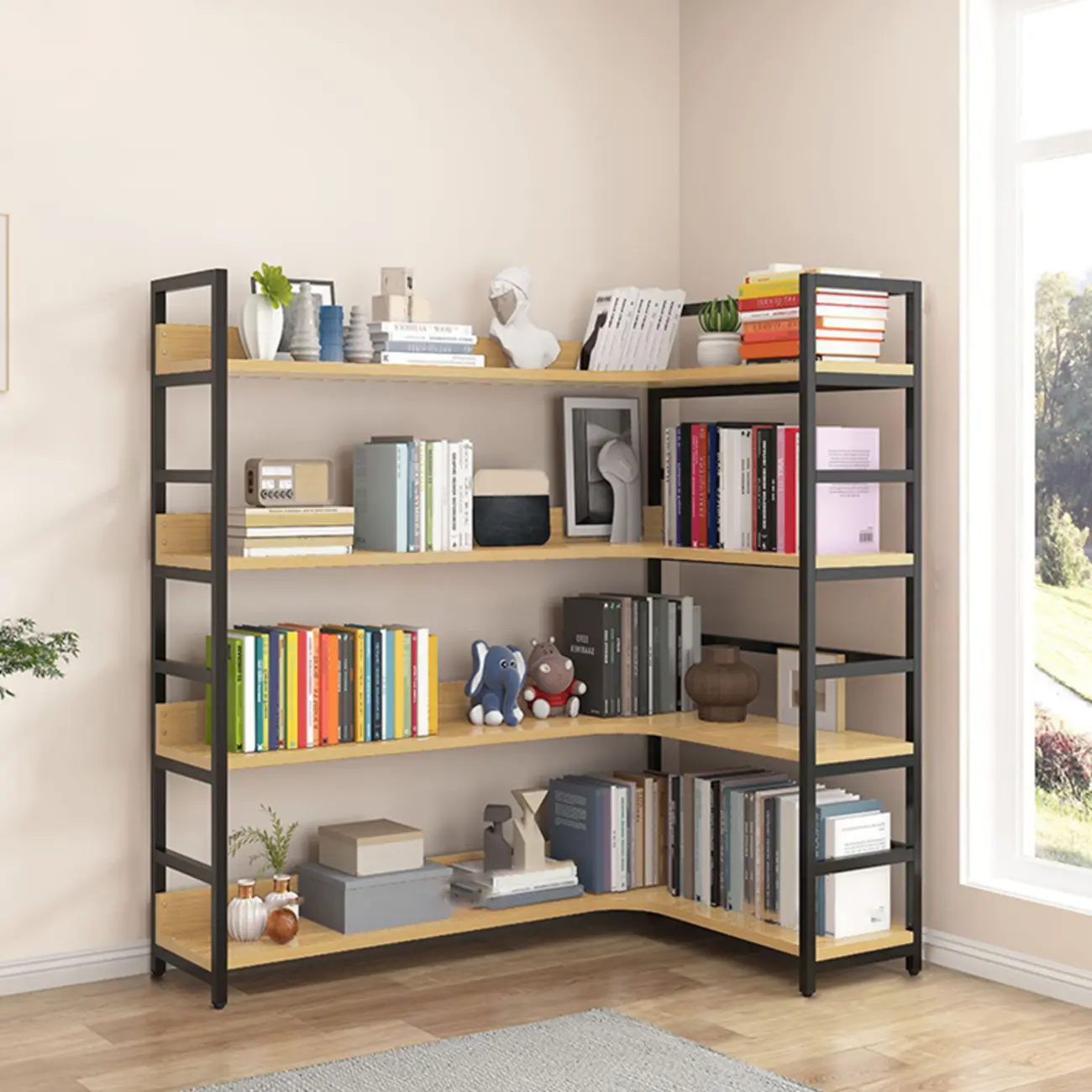 6-Tier Wood and Steel Corner Display Bookshelf Image - 30 | homeyfad