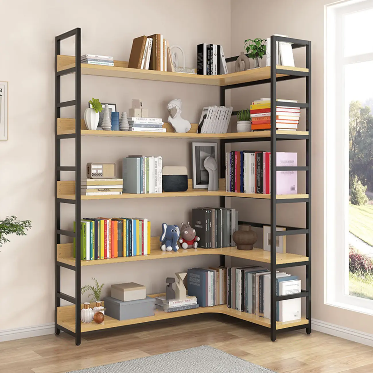 6-Tier Wood and Steel Corner Display Bookshelf Image - 31 | homeyfad