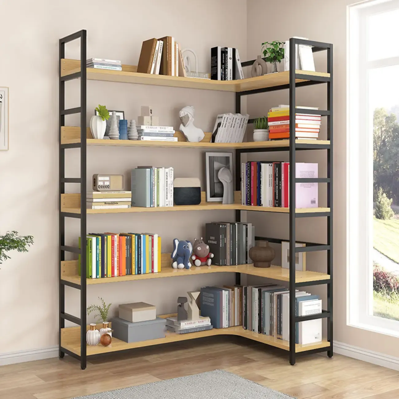 6-Tier Wood and Steel Corner Display Bookshelf Image - 31