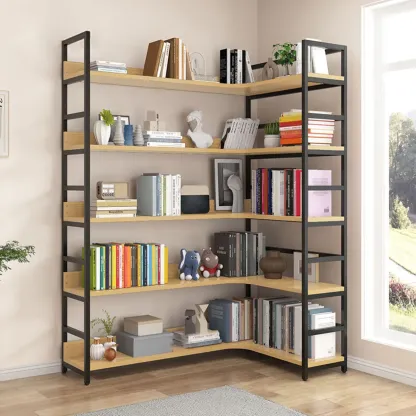 6-Tier Wood and Steel Corner Display Bookshelf Image - 31