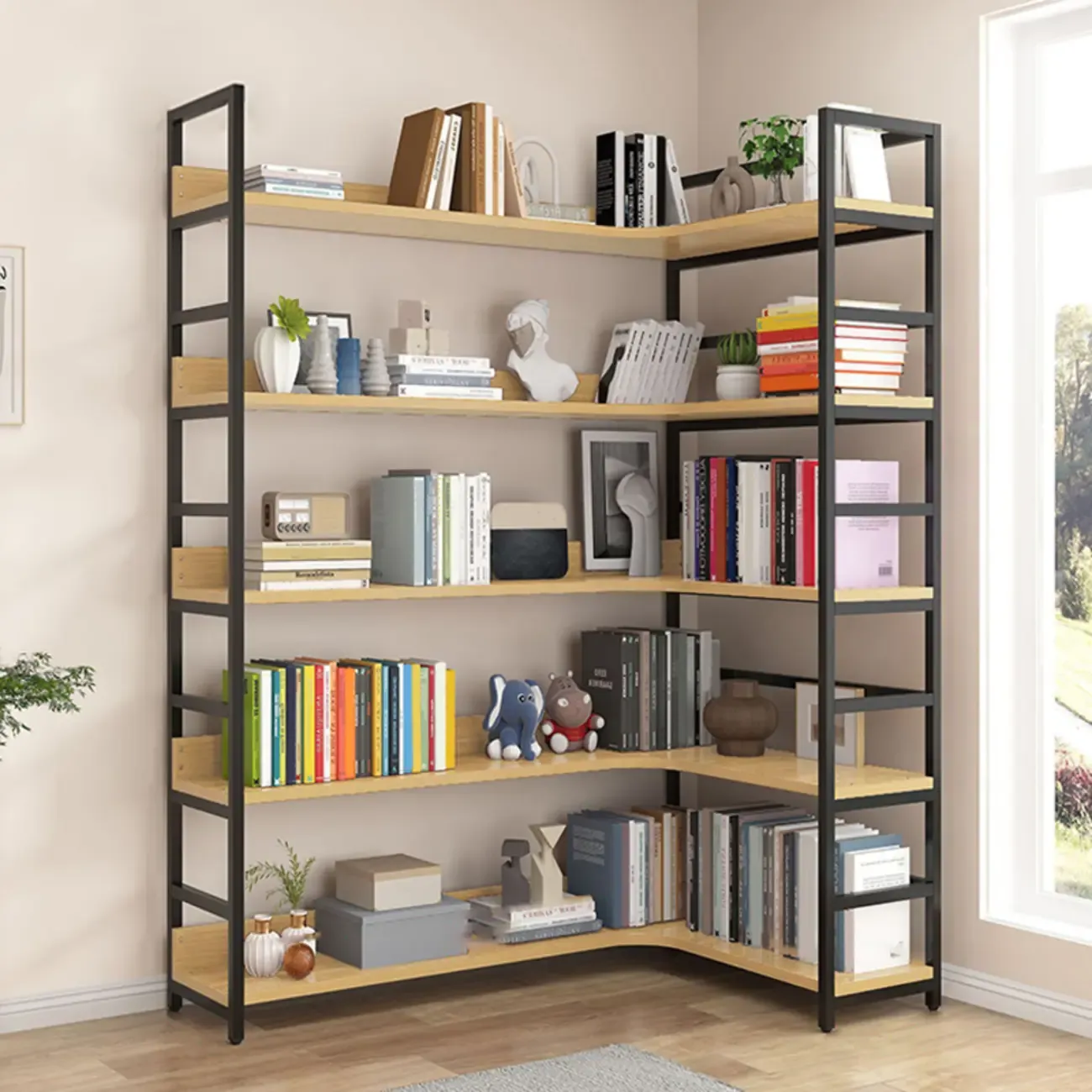 6-Tier Wood and Steel Corner Display Bookshelf Image - 32