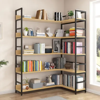 6-Tier Wood and Steel Corner Display Bookshelf Image - 32