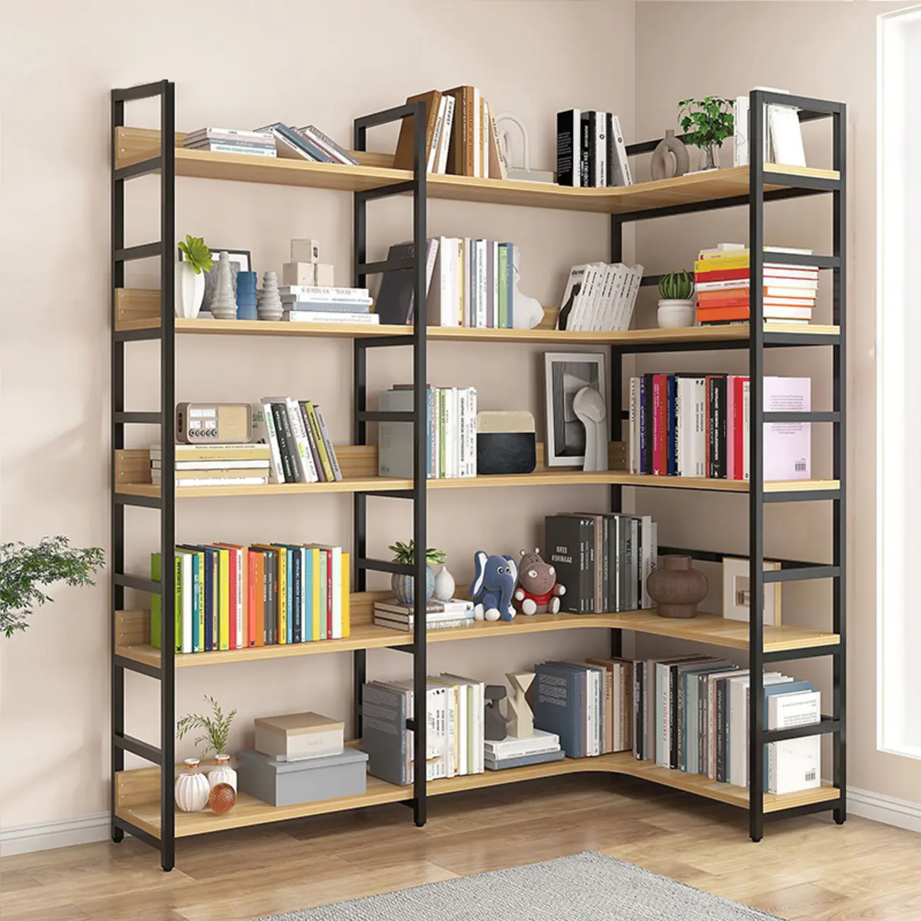 6-Tier Wood and Steel Corner Display Bookshelf Image - 34 | homeyfad