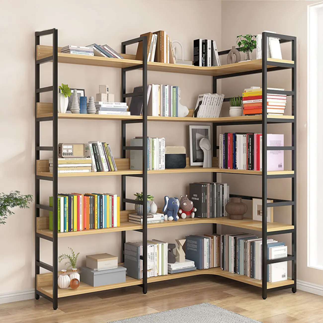 6-Tier Wood and Steel Corner Display Bookshelf Image - 35 | homeyfad