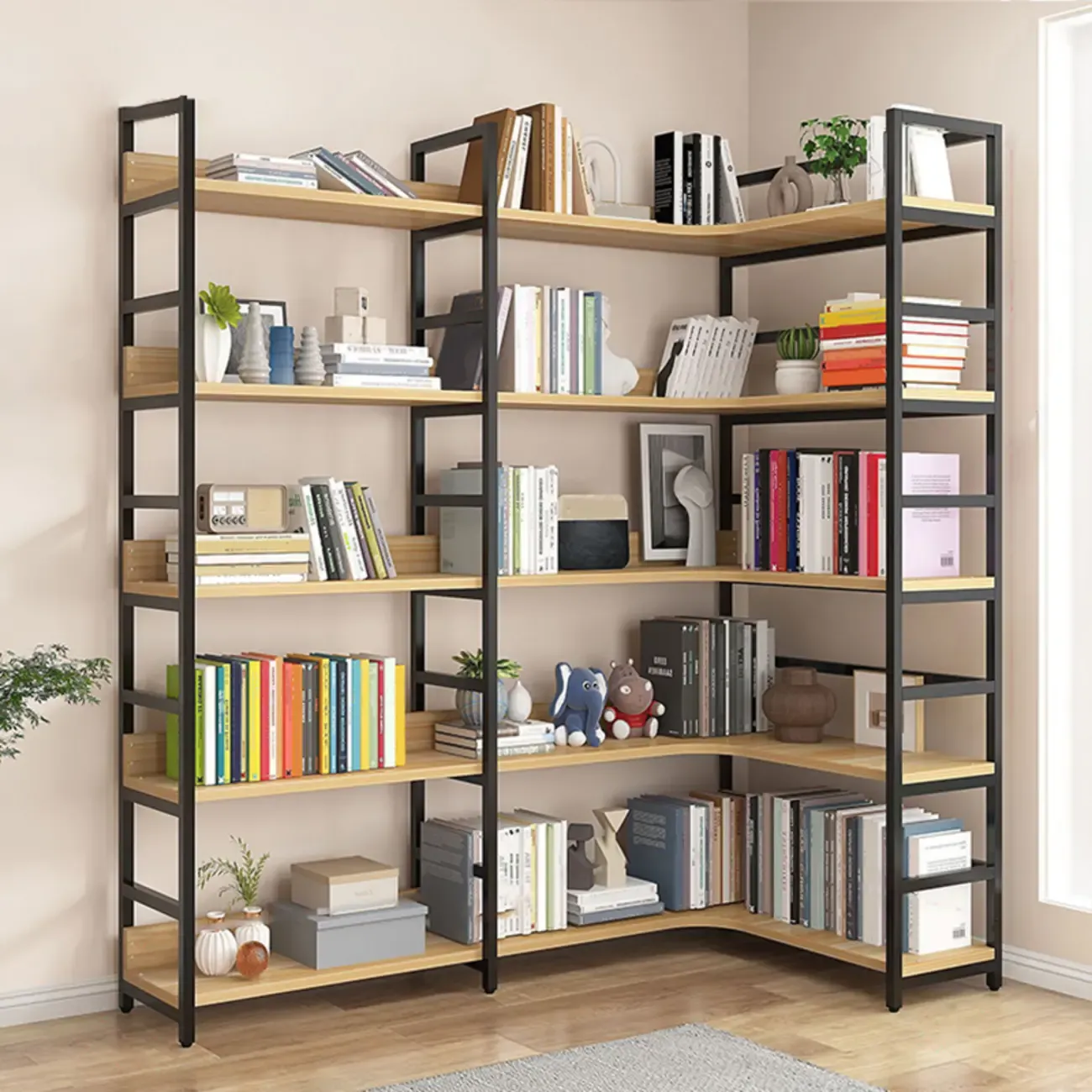 6-Tier Wood and Steel Corner Display Bookshelf Image - 35