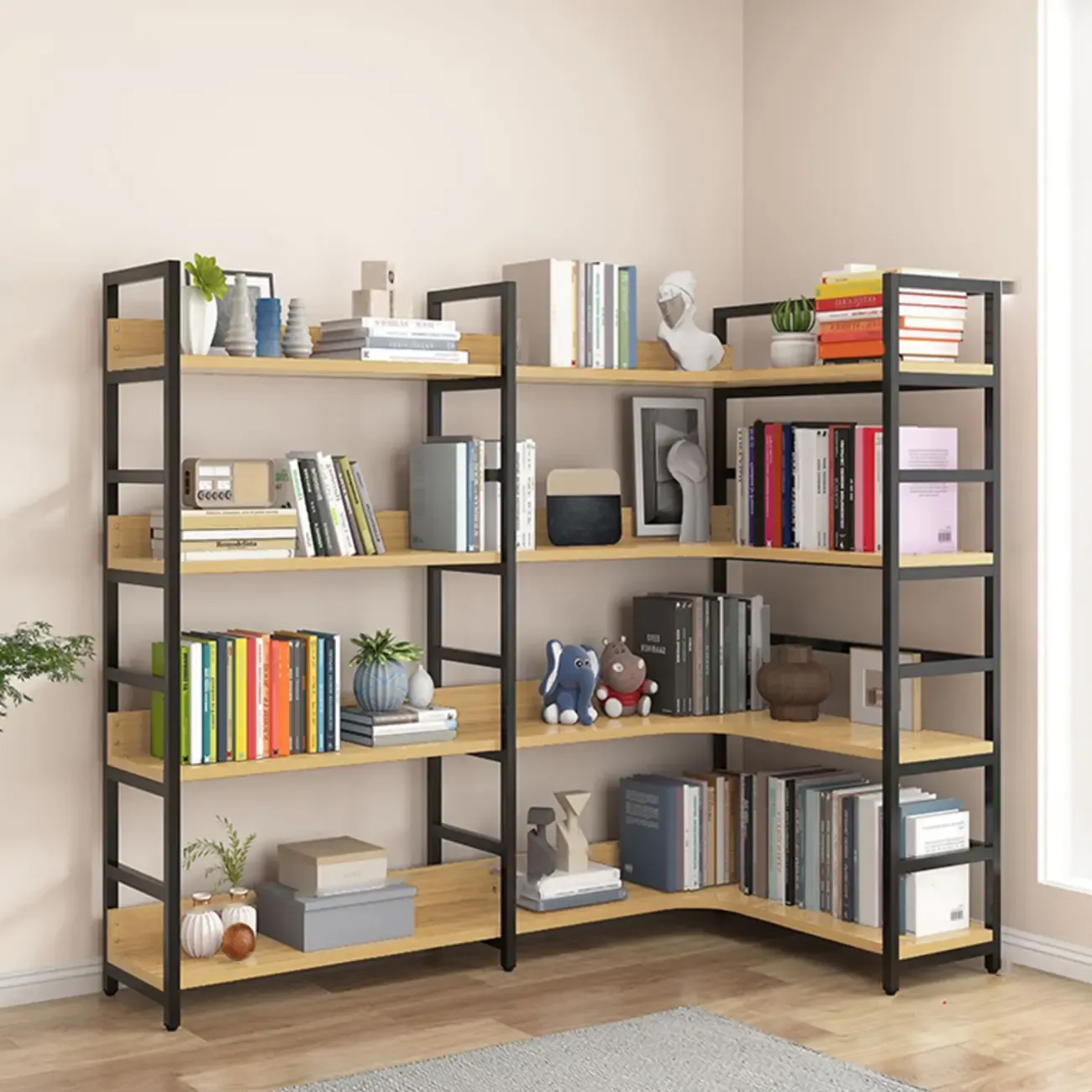 6-Tier Wood and Steel Corner Display Bookshelf Image - 37