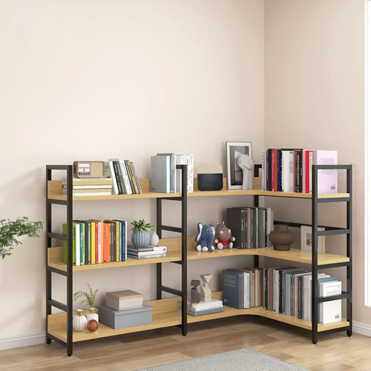 6-Tier Wood and Steel Corner Display Bookshelf Image - 39